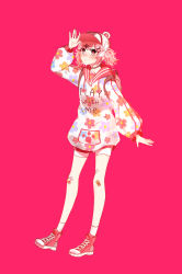 Rule 34 | 1girl, alternate costume, backpack, bag, bandaid, bandaid on knee, bandaid on leg, boots, casual, clothes writing, commentary, doki doki literature club, english commentary, eyes visible through hair, floral print, full body, hair ornament, hair ribbon, hairclip, hat, highres, hood, hooded jacket, jacket, looking at viewer, natsuki (doki doki literature club), pink background, pink eyes, pink hair, ribbon, savi (byakushimc), short hair, short twintails, simple background, solo, twintails, x hair ornament