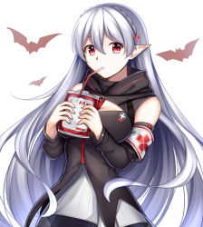 1girl absurdres arknights armband bare_shoulders bat_(animal) black_shirt blood blood_bag braid breasts commentary crown_braid detached_sleeves drinking drinking_straw guardian-panda hair_between_eyes highres holding hood hood_down long_hair long_sleeves looking_at_viewer medium_breasts pointy_ears red_eyes shirt silver_hair solo upper_body very_long_hair warfarin_(arknights)