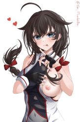 Rule 34 | 1girl, absurdres, black gloves, black hair, blue eyes, blush, braid, breasts, closed mouth, dr.plankton, fingerless gloves, gloves, hair over shoulder, hair ribbon, heart, heart in eye, highres, kantai collection, large breasts, long hair, looking at viewer, navel, nipples, nude, red ribbon, ribbon, shigure (kancolle), shigure kai san (kancolle), shirt, single braid, sleeveless, sleeveless shirt, smile, solo, symbol in eye, white background