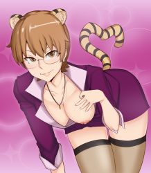 Rule 34 | 1girl, alternate costume, animal ears, bent over, bespectacled, breasts, brown eyes, brown hair, bubble background, carnival phantasm, cat ears, cat tail, cleavage, cleavage reach, commentary, commission, downblouse, earrings, english commentary, fate/stay night, fate (series), formal, fujimura taiga, glasses, heart, heart tail, highres, jewelry, kemonomimi mode, lips, looking at viewer, medium breasts, nipples, no bra, one breast out, pencil skirt, pendant, pink background, see-through, see-through legwear, semi-rimless eyewear, short hair, skirt, skirt suit, sleeves pushed up, smile, solo, standby, stud earrings, suit, tail, teacher, thighhighs, tiger ears, tiger tail, under-rim eyewear, zettai ryouiki