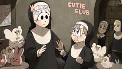 Rule 34 | 4girls, bird, black eyes, blonde hair, blue eyes, body writing, broken, brown hair, bunny nun (diva), chicken, clumsy nun (diva), commentary, crying, crying with eyes open, diva (hyxpk), duck, english commentary, eyelashes, glasses, glasses nun (diva), grey hair, habit, hair ornament, highres, little nuns (diva), multiple girls, nun, rabbit hair ornament, round eyewear, slap mark, slap mark on face, spicy nun (diva), tearing up, tears, traditional nun, yellow eyes