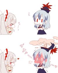 Rule 34 | &gt; &lt;, 2girls, 6 (yuchae), :d, blush, breasts, cleavage, closed eyes, crossed arms, dress, expressive clothes, fujiwara no mokou, full-face blush, hat, heart, kamishirasawa keine, long hair, multiple girls, open mouth, red eyes, simple background, smile, steam, touhou, trembling, very long hair, white hair, yuri, | |