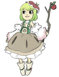 Rule 34 | 1girl, apple, apple girlington, bad id, bad tumblr id, black eyes, boots, branch, commentary, detached sleeves, dress, english commentary, food, fruit, fruit hat, full body, gradient hair, green hair, hat, holding, holding branch, mary cagle, mob cap, multicolored hair, open mouth, original, parody, puffy detached sleeves, puffy sleeves, short hair, simple background, solo, style parody, suspenders, touhou, white background, white sleeves