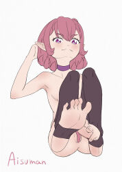 Rule 34 | 1girl, absurdres, aisuman, artist name, ass, black thighhighs, blush, choker, closed mouth, female focus, full body, highres, knees up, looking at viewer, maebari, nude, original, pink hair, pointy ears, purple choker, purple eyes, short hair, sidelocks, simple background, sitting, smile, soles, solo, stirrup legwear, thighhighs, thighs, toeless legwear, toes, white background