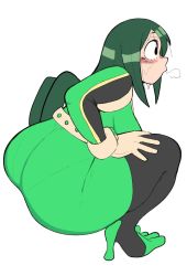 Rule 34 | 1girl, ass, asui tsuyu, black eyes, blush, bodysuit, boku no hero academia, dumpiwumpi, frog girl, gloves, green bodysuit, highres, huge ass, long hair, pantylines, solo, squatting, thick thighs, thighhighs, thighs, white background