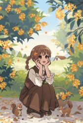 1girl :d animal arisa_(aren) black_footwear blush brown_dress brown_hair commentary dappled_sunlight day dress flower full_body gold_osmanthus grass hair_flower hair_ornament hands_on_own_cheeks hands_on_own_face head_rest highres leaf long_dress looking_up medium_hair open_mouth orange_flower original outdoors pinafore_dress plant rural shirt shoes signature sleeveless sleeveless_dress sleeves_past_elbows smile solo squatting squirrel sunlight tree white_shirt yellow_eyes yellow_flower