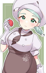 Rule 34 | 1girl, absurdres, apron, ascot, beret, breasts, brown apron, brown ascot, buttons, chef, chef hat, creatures (company), double-breasted, game freak, gateau scr, gloves, green background, green eyes, hat, highres, holding, holding poke ball, katy (pokemon), large breasts, light green hair, mole, mole on cheek, mole under eye, nintendo, poke ball, poke ball (basic), pokemon, pokemon sv, puffy short sleeves, puffy sleeves, short hair, short sleeves, side ponytail, smile, solo, spider web print, thick eyebrows, waist apron, white gloves, white hat