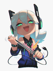 Rule 34 | 1girl, :d, aqua eyes, aqua nails, blush, cable, cable tail, digitan (porforever), electric plug tail, fang, hair between eyes, headphones, highres, lightning bolt symbol, long hair, looking at viewer, mechanical tail, open mouth, original, porforever, power symbol, smile, solo, star-shaped pupils, star (symbol), symbol-shaped pupils, tail, watch, white hair, wristwatch