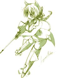 Rule 34 | 1girl, :d, animal ears, anti-materiel rifle, blush, boys anti-tank rifle, braid, cat ears, cat tail, character name, green theme, gun, holding, long hair, lynette bishop, monochrome, necktie, open mouth, paprika (artist), rifle, single braid, sketch, smile, sniper rifle, solo, strike witches, striker unit, tail, weapon, world witches series