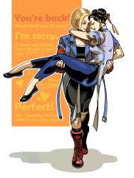 Rule 34 | 2girls, blonde hair, blue jacket, boots, cammy white, capcom, carrying, china dress, chinese clothes, chun-li, combat boots, crop top, cropped jacket, double bun, dress, english text, flats, hair bun, hair ribbon, highres, jacket, multiple girls, open mouth, princess carry, ribbon, smile, street fighter, street fighter 6, white anteater, yuri