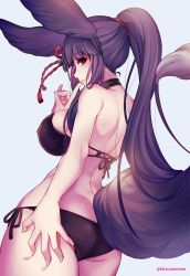 Rule 34 | 1girl, animal ears, ass, bikini, black bikini, blue background, breasts, butt crack, commentary request, erune, finger to mouth, fox ears, fox tail, from behind, granblue fantasy, highres, large breasts, lips, long hair, looking at viewer, nazo kitsune, ponytail, purple hair, red eyes, side-tie bikini bottom, sideboob, sidelocks, simple background, solo, swimsuit, tail, twitter username, yuel (granblue fantasy)
