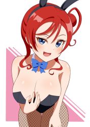 Rule 34 | 1girl, artist request, breasts, cleavage, female focus, fishnets, large breasts, looking at viewer, love live!, love live! superstar!!, rabbit ears, red hair, short hair, solo, yoneme mei