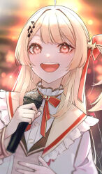 Rule 34 | 1girl, ahoge, ame (memory a), blonde hair, brown dress, dress, fortissimo, hair ornament, hair ribbon, highres, holding, holding microphone, hololive, hololive dev is, jacket, long hair, looking at viewer, microphone, musical note, musical note hair ornament, neck ribbon, otonose kanade, red eyes, red ribbon, ribbon, smile, solo, teeth, upper teeth only, virtual youtuber, white jacket