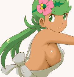 Rule 34 | 1girl, areola slip, breasts, closed mouth, covered erect nipples, creatures (company), dark-skinned female, dark skin, flower, game freak, green eyes, green hair, grey shirt, hair flower, hair ornament, large breasts, leaning forward, light areolae, long hair, looking at viewer, low twintails, mallow (pokemon), nintendo, no bra, pokemon, pokemon sm, shirt, sideboob, simple background, sleeveless, sleeveless shirt, smile, solo, swept bangs, tof, twintails, upper body, white background