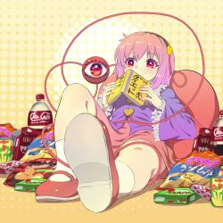 Rule 34 | 1girl, bare legs, book, coca-cola, commentary request, covered mouth, foreshortening, full body, hair ornament, hairband, heart, heart hair ornament, highres, holding, holding book, knee up, komeiji satori, lying, on back, perspective, pink hair, pink skirt, purple shirt, reclining, red eyes, shiroi karasu, shirt, shoe soles, short hair, simple background, skirt, solo, third eye, touhou, translation request