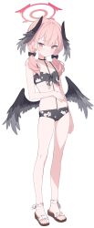 Rule 34 | 1girl, absurdres, bikini, black bikini, black bow, black wings, blue archive, bow, commentary request, flat chest, floral print, front-tie bikini top, front-tie top, full body, hair bow, halo, head wings, highres, jyt, koharu (blue archive), koharu (swimsuit) (blue archive), looking at viewer, low wings, medium hair, official alternate costume, pink hair, red halo, sandals, simple background, solo, standing, swimsuit, toes, twintails, white background, wings