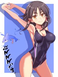 Rule 34 | 1girl, armpits, arms behind head, arms up, bare arms, black hair, blush, breasts, censored, character name, cleavage, closed mouth, collarbone, commentary request, competition swimsuit, contrapposto, cookie (touhou), covered erect nipples, covered navel, cowboy shot, dolphin, enperuto (yarumi), gluteal fold, groin, hair tubes, hakurei reimu, highres, interlocked fingers, kairu the dolphin, looking at viewer, medium breasts, mosaic censoring, multicolored background, multicolored hair, one-piece swimsuit, outside border, own hands together, penis, sananana (cookie), shadow, sidelocks, smile, solo focus, standing, streaked hair, swimsuit, touhou, two-tone background, yellow eyes