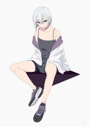 Rule 34 | 1girl, black camisole, black footwear, blue eyes, bob cut, camisole, collarbone, full body, hair between eyes, mee (sohin), open clothes, original, oversized clothes, oversized shirt, shirt, shoes, short hair, sitting, sneakers, sohin, thick eyebrows, white hair, white shirt