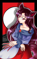 Rule 34 | 1girl, animal ears, black hair, brooch, dress, fang, female focus, fingernails, frills, imaizumi kagerou, jewelry, long fingernails, long hair, long sleeves, md5 mismatch, open mouth, red eyes, solo, tail, touhou, very long hair, wachi-p, wolf ears, wolf tail
