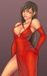 Rule 34 | arcbuncle, breasts, brown eyes, brown hair, cleavage, dress, earrings, elbow gloves, evening gown, final fantasy, final fantasy vii, gloves, highres, jewelry, large breasts, legs, long hair, no bra, side slit, simple background, solo, thighs, tifa lockhart