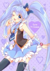 Rule 34 | 10s, 1girl, ;d, blue eyes, blue hair, blue skirt, blush, brooch, character name, cowboy shot, crown, cure princess, earrings, english text, eyelashes, hair ornament, hair ribbon, happinesscharge precure!, happy, heart, heart brooch, highres, jewelry, long hair, looking at viewer, magical girl, matching hair/eyes, one eye closed, open mouth, precure, ribbon, shirayuki hime, shirt, sikuhima, skirt, smile, solo, standing, thighhighs, thighs, twintails, vest, wrist cuffs, zettai ryouiki