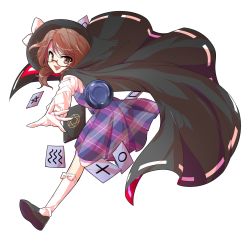 Rule 34 | 1girl, alphes (style), bow, brown eyes, brown hair, cape, dairi, dress, full body, glasses, gloves, hat, hat bow, kneehighs, occult ball, open mouth, parody, plaid, plaid dress, red-framed eyewear, school uniform, smile, socks, solo, style parody, touhou, transparent background, usami sumireko, white gloves, white socks, zener card