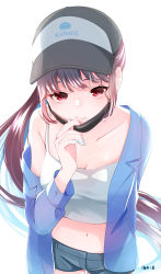 Rule 34 | 1girl, absurdres, backlighting, blue nails, blue shirt, breasts, collarbone, crop top, eyelashes, fingernails, hair blowing, hat, highres, kuragenohoshi26, leaning forward, long hair, long sleeves, looking at viewer, loose clothes, loose shirt, mask, medium breasts, midriff, nail polish, navel, open clothes, open shirt, original, parted lips, ponytail, purple hair, red eyes, removing mask, see-through, see-through shirt, shirt, short shorts, shorts, sidelocks, signature, simple background, sweat, tank top, white background