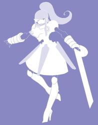 Rule 34 | 1boy, armor, armored dress, asymmetrical eyes, boots, cibastion, curvy, demi (cibastion), dress, feminine, full body, high heel boots, high heels, holding, holding sword, holding weapon, long hair, looking at viewer, male focus, original, ponytail, shoulder armor, sidelocks, solo, sword, trap, weapon, white background
