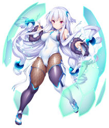 Rule 34 | 1girl, animal, armpit crease, asymmetrical legwear, bare shoulders, blush, bug, butterfly, closed mouth, covered navel, detached sleeves, eyes visible through hair, fishnet thighhighs, fishnets, floating, floating hair, fur-trimmed sleeves, fur trim, glowing, grey background, grey hair, highres, holding, insect, jewelry, long hair, looking at viewer, mismatched legwear, nanase mai, official art, pantyhose, potion (moudamepo), purple eyes, purple thighhighs, ring, shield, shiny clothes, short eyebrows, simple background, skindentation, solo, taimanin (series), taimanin rpgx, thighhighs, transparent, twintails, very long hair