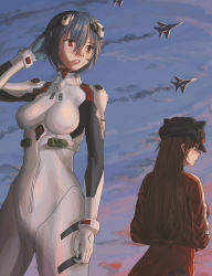 Rule 34 | 2girls, aircraft, airplane, animal hat, ass, ayanami rei, back-to-back, blue eyes, blue hair, blue sky, bodysuit, breasts, brown hair, cat hat, evangelion: 3.0+1.0 thrice upon a time, evangelion: 3.0 you can (not) redo, fighter jet, flying, gloves, hair ornament, hairclip, hand in pocket, hand up, hat, jet, long hair, mig-29, military, military vehicle, multiple girls, neon genesis evangelion, plugsuit, rebuild of evangelion, red eyes, sky, souryuu asuka langley, standing, thigh gap