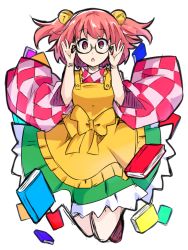 Rule 34 | 1girl, :o, adjusting eyewear, apron, bell, black-framed eyewear, blush, book, checkered clothes, checkered shirt, glasses, hair bell, hair ornament, ishimu, japanese clothes, jingle bell, kimono, looking at viewer, motoori kosuzu, one-hour drawing challenge, red eyes, red hair, semi-rimless eyewear, shirt, short hair, solo, touhou, triangle mouth, two side up, under-rim eyewear, wide sleeves