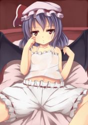 Rule 34 | 1girl, bat wings, bed, bloomers, blue hair, bow, bow bloomers, camisole, female focus, hat, hat ribbon, ixen-fei, mob cap, navel, pillow, red bow, red eyes, red ribbon, remilia scarlet, ribbon, short hair, solo, tank top, touhou, underwear, underwear only, white bloomers, wings