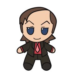 Rule 34 | 1boy, better call saul, blue eyes, breaking bad, brown hair, business suit, c:, character doll, chibi, closed mouth, commentary, english commentary, formal, full body, fumo (doll), long sleeves, looking at viewer, male focus, necktie, no nose, pink necktie, red necktie, saul goodman, simple background, slaygoodman, smile, solo, straight-on, suit, white background