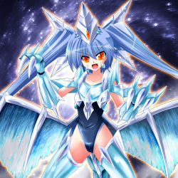 Rule 34 | 1girl, :d, blue hair, brionac dragon of the ice barrier, bunji, claws, collarbone, cowboy shot, dragon girl, dragon wings, duel monster, flat chest, headgear, long hair, looking at viewer, monster girl, open mouth, orange eyes, personification, school swimsuit, smile, solo, standing, swimsuit, twintails, v-shaped eyebrows, very long hair, wings, yu-gi-oh!