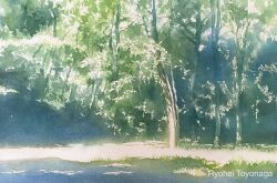 Rule 34 | absurdres, day, forest, highres, light rays, nature, no humans, original, outdoors, painting (medium), plant, scenery, shadow, sunlight, toyonaga ryouhei, traditional media, tree, watercolor (medium)