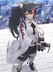 Rule 34 | 1girl, absurdres, animal ear fluff, animal ears, black footwear, black gloves, black hair, black necktie, black shorts, blurry, blurry background, commentary, fingerless gloves, gloves, hair between eyes, hair ornament, hairclip, headset, highres, holding, holding sword, holding weapon, hololive, jacket, katana, looking at viewer, microphone, multicolored hair, necktie, norio (noriosub), ookami mio, open clothes, open jacket, outdoors, ponytail, red hair, shirt, shorts, sidelocks, skyline, solo, streaked hair, sword, tail, tail around own leg, virtual youtuber, weapon, white jacket, white shirt, wolf ears, wolf girl, wolf tail, yellow eyes