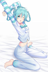 Rule 34 | 1girl, aqua bow, aqua eyes, aqua hair, arms up, barefoot, bed sheet, bib (bibboss39), blue pants, blue shirt, blush, bow, bowtie, braid, braided hair rings, commentary, full body, hair ornament, hair rings, hatsune miku, highres, long sleeves, looking at viewer, midriff, navel, one eye closed, open mouth, outstretched arm, pajamas, pants, pom pom (clothes), shirt, sitting, skinny, solo, stretching, vocaloid, wariza, white background, yawning