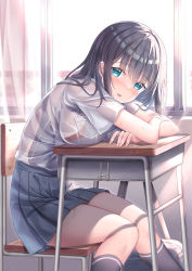 Rule 34 | 1girl, bad id, bad twitter id, blue eyes, blush, breasts, day, desk, highres, knees together feet apart, large breasts, long hair, looking at viewer, open mouth, original, school desk, school swimsuit, school uniform, see-through, shirakawako, shirt, skirt, smile, solo, swimsuit, swimsuit under clothes, thighs, wet, wet clothes