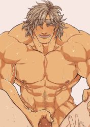 Rule 34 | abs, artist request, bara, blush, character request, copyright request, erection, highres, implied sex, male focus, marototori, muscular, nipples, nude, pectorals, penis, penis grab, pov, solo focus, sweat