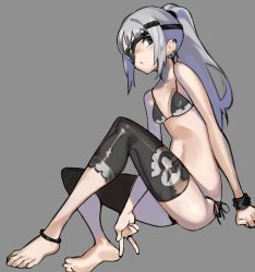 Rule 34 | 1girl, anklet, balance (superdust), bare arms, barefoot, bikini, black bikini, black eyes, black legwear, bracelet, breasts, commentary request, ear piercing, eyepatch, full body, grey background, grey hair, highres, jewelry, long hair, looking at viewer, one eye covered, original, piercing, ponytail, ring, simple background, small breasts, solo, swimsuit, v