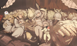 Rule 34 | 6+girls, absurdres, animal ears, arm up, barefoot, bed, brown hair, closed eyes, closed mouth, dress, frilled pillow, frills, grey dress, grey hair, grey pajamas, grey pants, grey shirt, half-closed eye, highres, hugging object, long hair, long sleeves, lying, multiple girls, nightgown, on back, on side, one eye closed, open mouth, original, pajamas, pants, pillow, puffy long sleeves, puffy sleeves, rabbit ears, red eyes, shirokujira, shirt, sleeping, sleeves past wrists, spoken food, stuffed animal, stuffed octopus, stuffed toy, teeth, thought bubble, under covers, upper teeth only, white dress, white pajamas, white pants, white shirt, yawning, zzz