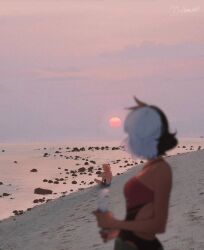 Rule 34 | 1boy, 1girl, beach, black hair, blonde hair, blurry, blurry foreground, commentary, english commentary, evening, highres, looking at another, multicolored hair, nyantcha, ocean, one-piece swimsuit, original, outdoors, sand, scenery, sitting, split-color hair, sunset, swimsuit, topless male, two-tone hair, white hair, yorra villeneuve (nyantcha)