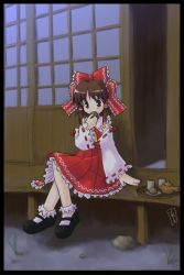 Rule 34 | 1girl, ascot, bow, brown eyes, brown hair, cookie, cup, detached sleeves, dress, eating, female focus, food, frills, hair bow, hair tubes, hakurei reimu, imperishable night, red dress, shoes, short hair, sitting, socks, solo, teapot, touhou, tray, yunomi