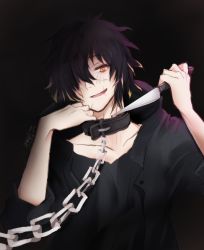 Rule 34 | 1boy, absurdres, black background, black hair, black shirt, bleeding, blood, chain, chained, chain, hair over one eye, highres, holding, holding knife, knife, male focus, scar, scar on face, shirt, simple background, slow damage, solo, towa (slow damage), upper body, willfin, yellow eyes