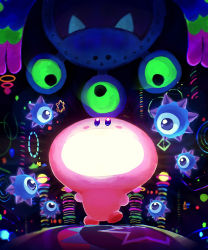 Rule 34 | absurdres, copy ability, dark, extra eyes, fang, ghost gordo, glowing, highres, kirby, kirby (series), kirby and the forgotten land, light, light-bulb mouth, light bulb mouth, light rays, looking at another, looking down, looking up, monster, mouthful mode, neon lights, nintendo, open mouth, star (symbol), surprise alien board, suyasuyabi, walking