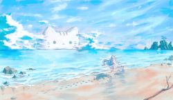 Rule 34 | 1girl, animal, animal ears, bad id, bad twitter id, bare legs, bare shoulders, barefoot, beach, blue sky, cat, cloud, cloudy sky, commentary, day, dress, footprints, fox, horizon, long hair, notice lines, ocean, original, outdoors, sand, sky, sleeveless, sleeveless dress, solo, symbol-only commentary, tail, tandohark, very long hair, walking, water, white dress, white hair, wide shot