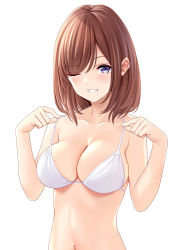 Rule 34 | 1girl, :d, ;d, absurdres, bare arms, bare shoulders, bikini, blush, breasts, brown hair, cleavage, collarbone, grin, highres, marui koishi, medium breasts, navel, one eye closed, open mouth, original, purple eyes, short hair, simple background, smile, stomach, strap lift, swept bangs, swimsuit, teeth, upper body, white background, white bikini