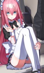 Rule 34 | 1girl, absurdres, black bow, black bowtie, black footwear, blue eyes, bocchi the rock!, bow, bowtie, breasts, cleavage, cube hair ornament, gotoh hitori, hair between eyes, hair ornament, highres, long hair, looking at viewer, maid, maid headdress, medium breasts, pink hair, ringopan, shoes, solo, thighhighs, thighs, white thighhighs