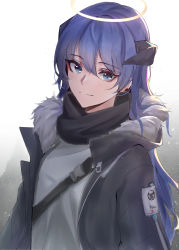 Rule 34 | 1girl, absurdres, arknights, black horns, black jacket, blue eyes, blue hair, closed mouth, fur-trimmed hood, fur trim, halo, highres, hood, hood down, hooded jacket, horns, jacket, long hair, mostima (arknights), open clothes, open jacket, sellf, shirt, simple background, smile, solo, white shirt