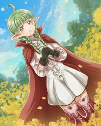 Rule 34 | 1girl, ahoge, black gloves, boots, braid, cape, commentary request, dress, fire emblem, fire emblem awakening, flower, gloves, green hair, long hair, nah (fire emblem), nintendo, outdoors, pochi (furaigonn), pointy ears, puffy sleeves, purple eyes, red cape, sky, smile, standing, thighhighs, twin braids, twintails, twitter username, white dress, yellow flower